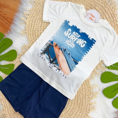 Conj. Camiseta Surfing e Bermuda - Off White e Marinho